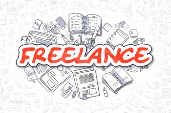 Freelance - Sketch Business Illustration. Red Hand Drawn Text Freelance Surrounded by Stationery. Doodle Design Elements. 