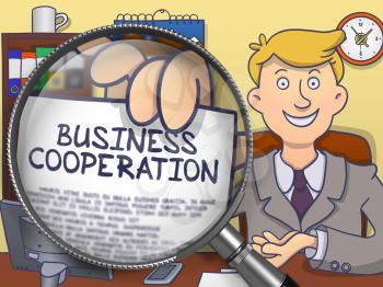 Business Cooperation through Magnifier. Businessman Showing Paper with Concept. Closeup View. Multicolor Modern Line Illustration in Doodle Style.
