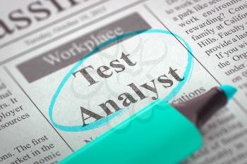 Test Analyst. Newspaper with the Job Vacancy, Circled with a Azure Marker. Blurred Image. Selective focus. Job Seeking Concept. 3D Rendering.