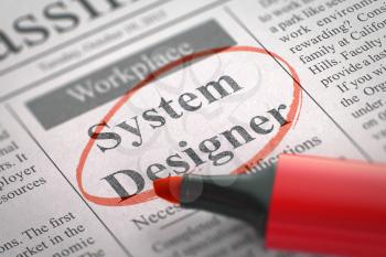 System Designer - Jobs in Newspaper, Circled with a Red Marker. Blurred Image with Selective focus. Concept of Recruitment. 3D Render.
