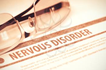 Nervous Disorder - Printed Diagnosis on Red Background and Specs Lying on It. Medicine Concept. Blurred Image. 3D Rendering.