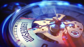 Leadership. on Pocket Watch Face with CloseUp View of Watch Mechanism. Time Concept. Film Effect. 3D Render.
