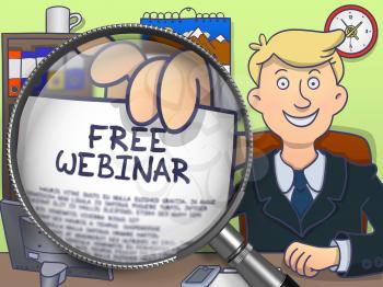 Business Man in Suit Looking at Camera and Showing a Text on Paper Free Webinar Concept through Magnifier. Closeup View. Colored Doodle Style Illustration.
