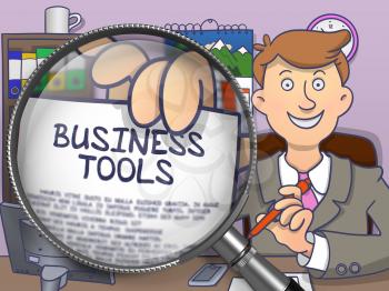 Business Tools. Happy Man Sitting in Office and Shows Paper with Text through Magnifying Glass. Colored Modern Line Illustration in Doodle Style.