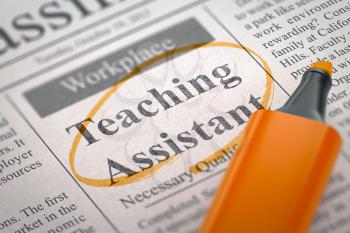 Teaching Assistant. Newspaper with the Job Vacancy, Circled with a Orange Marker. Blurred Image. Selective focus. Job Seeking Concept. 3D.