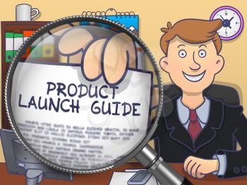 Product Launch Guide on Paper in Man's Hand to Illustrate a Business Concept. Closeup View through Lens. Colored Modern Line Illustration in Doodle Style.