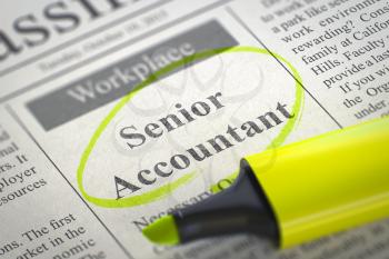 Senior Accountant. Newspaper with the Vacancy, Circled with a Yellow Marker. Blurred Image. Selective focus. Hiring Concept. 3D Render.