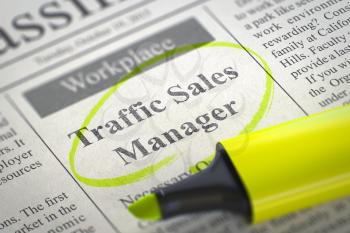 Traffic Sales Manager - Job Vacancy in Newspaper, Circled with a Yellow Highlighter. Blurred Image. Selective focus. Hiring Concept. 3D Illustration.