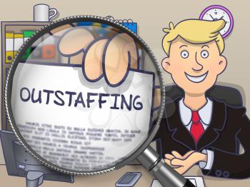 Outstaffing on Paper in Businessman's Hand to Illustrate a Business Concept. Closeup View through Lens. Colored Modern Line Illustration in Doodle Style.