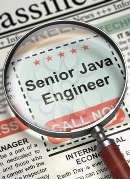Senior Java Engineer - Small Ads of Job Search in Newspaper. Newspaper with Small Ads of Job Search Senior Java Engineer. Hiring Concept. Selective focus. 3D Render.
