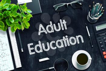Adult Education Concept on Black Chalkboard. 3d Rendering. Toned Image.