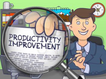 Officeman Holds Out a Concept on Paper Productivity Improvement. Closeup View through Magnifying Glass. Multicolor Doodle Style Illustration.
