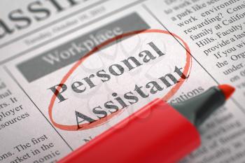 Personal Assistant - Small Ads of Job Search in Newspaper, Circled with a Red Highlighter. Blurred Image. Selective focus. Concept of Recruitment. 3D Rendering.
