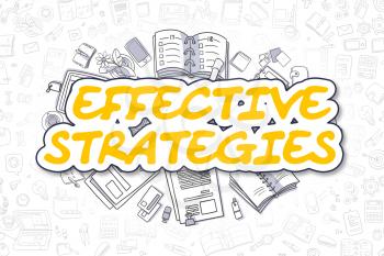 Cartoon Illustration of Effective Strategies, Surrounded by Stationery. Business Concept for Web Banners, Printed Materials. 