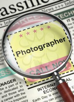 Newspaper with Small Advertising Photographer. Photographer - CloseUp View Of A Classifieds Through Magnifier. Job Search Concept. Blurred Image with Selective focus. 3D.