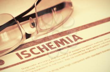 Ischemia - Medicine Concept on Red Background with Blurred Text and Composition of Glasses. Ischemia - Medicine Concept with Blurred Text and Glasses on Red Background. Selective Focus. 3D Rendering.