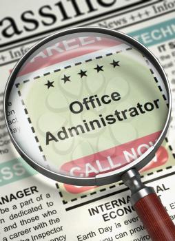Office Administrator - Close View Of A Classifieds Through Magnifier. Office Administrator. Newspaper with the Classified Advertisement of Hiring. Concept of Recruitment. Blurred Image. 3D.