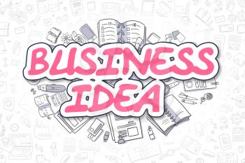 Business Idea - Sketch Business Illustration. Magenta Hand Drawn Text Business Idea Surrounded by Stationery. Doodle Design Elements. 