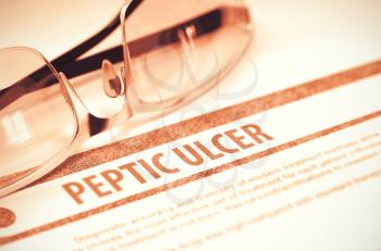 Diagnosis - Peptic Ulcer. Medicine Concept with Blurred Text and Eyeglasses on Red Background. Selective Focus. 3D Rendering.