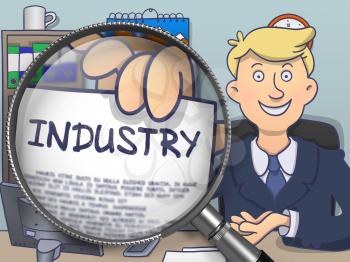 Industry. Man Holding a Paper with Concept through Magnifying Glass. Colored Doodle Style Illustration.