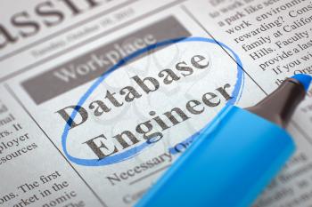 Database Engineer. Newspaper with the Small Ads of Job Search, Circled with a Blue Highlighter. Blurred Image. Selective focus. Job Search Concept. 3D Illustration.