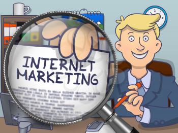 Man Welcomes in Office and Holding a Text on Paper Internet Marketing. Closeup View through Magnifying Glass. Colored Doodle Illustration.