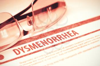 Dysmenorrhea - Printed Diagnosis on Red Background and Pair of Spectacles Lying on It. Medicine Concept. Blurred Image. 3D Rendering.
