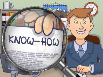 Know-How. Officeman Holds Out a Text on Paper through Magnifier. Colored Modern Line Illustration in Doodle Style.