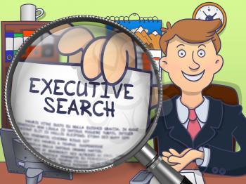 Business Man in Office Showing a Paper with Inscription Executive Search. Closeup View through Magnifying Glass. Multicolor Modern Line Illustration in Doodle Style.