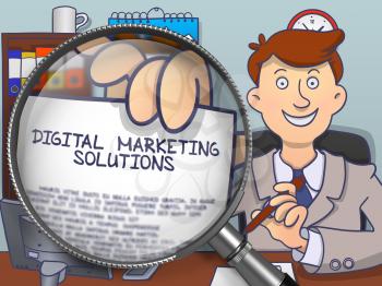 Digital Marketing Solutions. Business Man in Office Holding a through Magnifier Text on Paper. Multicolor Modern Line Illustration in Doodle Style.