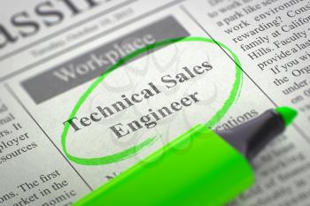 Technical Sales Engineer. Newspaper with the Small Ads of Job Search, Circled with a Green Marker. Blurred Image with Selective focus. Concept of Recruitment. 3D Illustration.