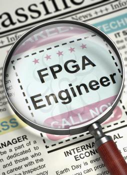 FPGA Engineer - Close Up View Of A Classifieds Through Magnifying Glass. Column in the Newspaper with the Jobs of FPGA Engineer. Job Seeking Concept. Blurred Image with Selective focus. 3D.