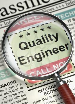 Quality Engineer. Newspaper with the Jobs. Illustration of Jobs Section Vacancy of Quality Engineer in Newspaper with Magnifying Lens. Job Seeking Concept. Selective focus. 3D Render.