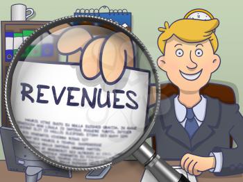 Revenues. Cheerful Businessman Sitting in Offiice and Holds Out a Paper with Inscription through Lens. Colored Doodle Style Illustration.