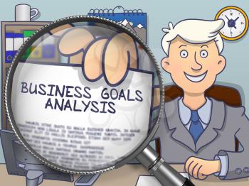 Businessman in Office Holds Out a Text on Paper Business Goals Analysis. Closeup View through Magnifying Glass. Colored Doodle Style Illustration.