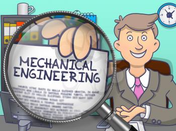 Businessman Showing a Paper with Inscription Mechanical Engineering. Closeup View through Magnifying Glass. Multicolor Modern Line Illustration in Doodle Style.