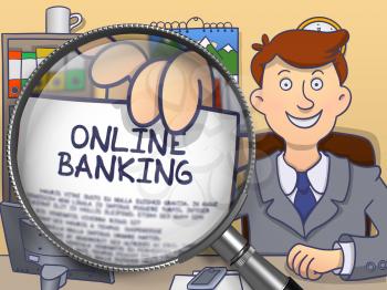 Business Man Showing Paper with Concept Online Banking. Closeup View through Magnifier. Colored Modern Line Illustration in Doodle Style.