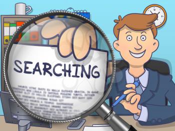 Business Man Showing a Text on Paper Searching. Closeup View through Magnifier. Multicolor Modern Line Illustration in Doodle Style.