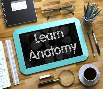 Small Chalkboard with Learn Anatomy Concept. Learn Anatomy - Mint Small Chalkboard with Hand Drawn Text and Stationery on Office Desk. Top View. 3d Rendering.