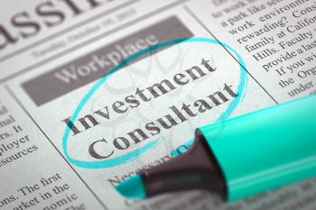 Investment Consultant. Newspaper with the Vacancy, Circled with a Azure Highlighter. Blurred Image. Selective focus. Concept of Recruitment. 3D Illustration.