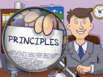 Principles. Business Man Shows Paper with Inscription through Magnifier. Multicolor Doodle Style Illustration.