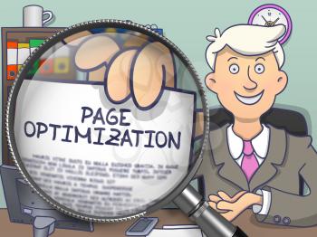 Page Optimization. Young Business Man Welcomes in Office and Showing Paper with Concept through Lens. Multicolor Doodle Style Illustration.