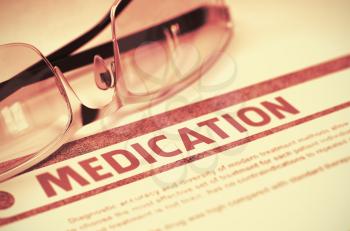 Medication - Printed Diagnosis on Red Background and Eyeglasses Lying on It. Medical Concept. Blurred Image. 3D Rendering.