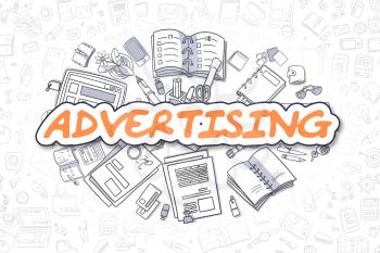 Advertising - Sketch Business Illustration. Orange Hand Drawn Text Advertising Surrounded by Stationery. Cartoon Design Elements. 