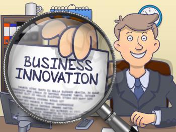 Business Innovation. Officeman Welcomes in Office and Holding a through Magnifier Concept on Paper. Multicolor Doodle Style Illustration.