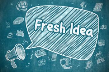 Business Concept. Bullhorn with Wording Fresh Idea. Doodle Illustration on Blue Chalkboard. Shouting Megaphone with Phrase Fresh Idea on Speech Bubble. Cartoon Illustration. Business Concept. 