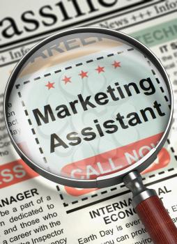 Marketing Assistant - Close View of Jobs Section Vacancy in Newspaper with Magnifier. Magnifying Glass Over Newspaper with Jobs of Marketing Assistant. Hiring Concept. Blurred Image. 3D Illustration.