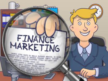 Finance Marketing. Stylish Businessman in Office Workplace Showing a Concept on Paper through Magnifying Glass. Colored Modern Line Illustration in Doodle Style.