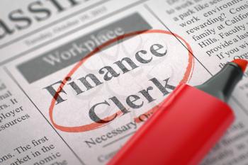 Finance Clerk - Small Ads of Job Search in Newspaper, Circled with a Red Marker. Blurred Image with Selective focus. Job Seeking Concept. 3D Illustration.