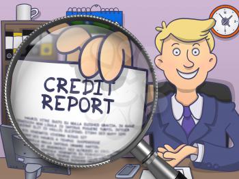 Credit Report on Paper in Man's Hand through Lens to Illustrate a Business Concept. Multicolor Doodle Style Illustration.